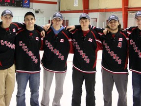 Local boys (from left to right) Dawson Vautour, Brett Barnes, Anthony Hurtubise, Patrick Wright, Jarret Marks, and Ryan Greenaway left the Lambton Jr. Sting "AAA" program to play for the Chatham-Kent Cyclones. The move paid off in their OHL draft year, as the minor midget team made it all the way to the semi finals of the OHL Cup Showcase Tournament. SHAUN BISSON/ THE OBSERVER/ QMI AGENCY