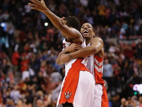 DeMar DeRozan hugs Kyle Lowry after the Raptors completed a fourth-quarter comeback to knock off the Atlanta Hawks on Sunday at the Air Canada Centre. (John Sokolowski, USA Today Sports)