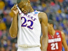Kansas Jayhawks star Andrew Wiggins held back tears after losing to Stanford on Sunday. (USA TODAY SPORTS)