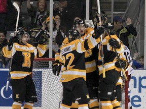 Kingston Frontenacs celebrate their first goal of the game, scored by centre Robert Polesello (17), during the first period of Game 2 of the Ontario Hockey League Eastern Conference quarter-final action at the Rogers K-Rock Centre on Sunday. Julia McKay/The Whig-Standard