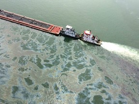 This March 23, 2014 US Coast Guard handout image shows an aerial photograph of the bulk carrier Summer Wind during cleanup operations near Houston, Texas. (AFP/HANDOUT)