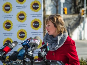 Toronto mayoral candidate Karen Stintz holds a press conference on Gerrard St. E. and Carlaw Ave. on March 24, 2014. (Ernest Doroszuk/Toronto Sun)