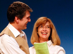 Scott Roodvoets and Heather Muir laugh after a scene from the play Enchanted April at the Pinnacle Playhouse in Belleville Tuesday, March 18. The play has been staged on Broadway and at last summer's Shaw Festival in addition to its adaptation for a film. 
Luke Hendry/The Intelligencer