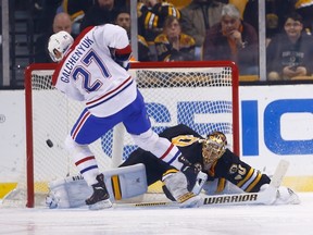 Canadiens forward Alex Galchenyuk scores the shootout game-winner past Tuukka Rask of the Bruins during NHL action in Boston on Monday, March 24, 2014. (Jared Wickerham/Getty Images/AFP)