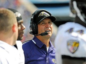 Baltimore Ravens head coach John Harbaugh reacts on the sidelines during their NFL football game against the Buffalo Bills in Orchard Park, New York September 29, 2013. (REUTERS)