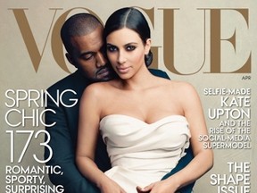 Kanye West and Kim Kardashian on the front cover of April's Vogue magazine. (Vogue)