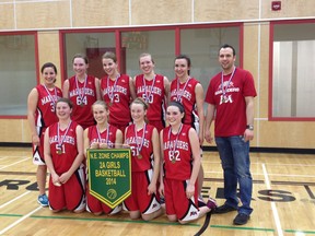 Back row (L-R): Erin Lychak, Julia McKimmon, Trista Thronsdon, Rebecca Bates, Nicole Nawrot.
Front row: Erin Ray, Trisha Mead, Jesse Axley, Nicole Frankiw.
Coach: Mike Schmidt.
J.R. Robson’s senior girls basketball team took home the gold at the zone finals last weekend. This is the first time Robson has won a banner in varsity girls’ basketball since 1993. On March 19, the team headed to the provincial championships in Didsbury, and their game will be broadcast in the gymnasium at J.R. on a giant screen.