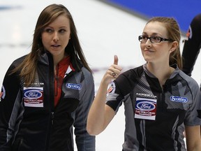 Team Canada's Alison Kreviazuk (right) and skip Rachel Homan at the World Women's Curling Championships in Saint John, N.B., last week. REUTERS/Mathieu Belanger