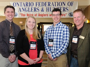 Contributed Photo
Long Point Waterfowl soared into the spotlight at last weekend’s OFAH AGM/ Fish & Wildlife Conference in Mississauga. From left, LPW graduate students Matt Palumbo (OFAH/Dave Ankney/Sandi Johnson Award for Avian Ecology), Lena Vanden Elsen (OFAH/St. Catharines Game and Fish Association Fish & Wildlife Research Grant); and Matt Dyson (OFAH/Oakville and District Rod & Gun Club Conservation Research Grant) were recipients of OFAH Zone G Wildlife Research Grants. At far right, LPW Executive Director Dr. Scott Petrie received the Jack O’Dette Conservation Leadership Award from the Ontario Federation of Anglers and Hunters Board of Directors.