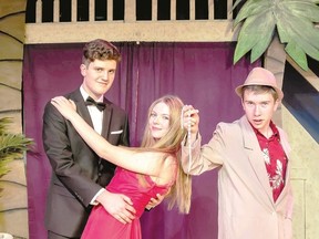 Jack Phoenix as Lawrence Jameson, left, Nicole Bellmore as Christine Colgate and Wychita Henricks as Freddie Benson star in the Original Kids Theatre Company production of the musical Dirty Rotten Scoundrels, opening at the Spriet Family Theatre Wednesday and on stage until Sunday. (Malcolm Miller photo)
