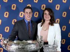 Liam Underwood of the men's rugby team and Claragh Pegg of the women's rugby team were named the top male and female athletes, respectively, at the Queen's University varsity athletics awards banquet on Tuesday night. (Ian MacAlpine/The Whig-Standard)