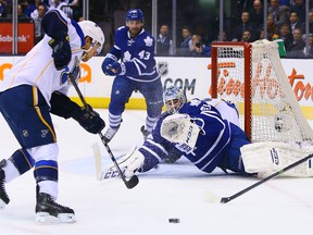 Maple Leafs’ Jonathan Bernier makes the save on Blues’ Jaden Schwartz at the ACC last night. As it turns out, even Bernier couldn’t end the Leafs slide. (Dave Abel/Toronto Sun)