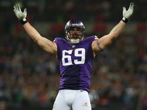 Former Minnesota Vikings defensive end Jared Allen celebrates his second quarter sack of Pittsburgh Steelers quarterback Ben Roethlisberger during their NFL football game at Wembley Stadium in London, September 29, 2013.  (REUTERS)