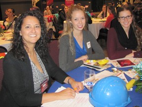 Denise Spadotto, a mechanical engineer with Union Gas, spoke about careers in engineering at the Junior Achievement World of Choices event to teens including UCC Grade 12 student Holly Patrick of Ursuline College and CKSS Grade 11 student Sophie Turner.