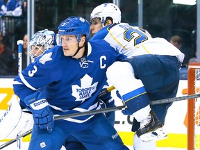 Dion Phaneuf had his roughest night as Maple Leafs captain on Tuesday versus the St. Louis Blues. He refused to speak with reporters after the game, but showed up on radio on Wednesday. (Dave Abel/Toronto Sun)