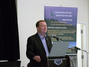 Woodlands County Mayor Jim Rennie speaks to attendees at the forestry symposium held on Thursday, March 20. Bryan Passifiume photo