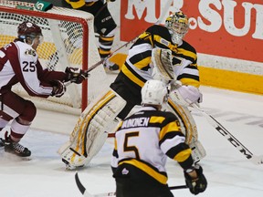 Peterborough Petes’ Michael Clarke skates towards Kingston Frontenacs goalie Matt Mahalak during Game 3 of an OHL Eastern Conference quarter-final series on Tuesday at the Memorial Centre in Peterborough. Clarke has been suspended for eight games by the OHL for cross-checking the Frontenacs' Sam Bennett in the neck late in the Frontenacs' 4-2 win. (Clifford Skarstedt/QMI Agency)