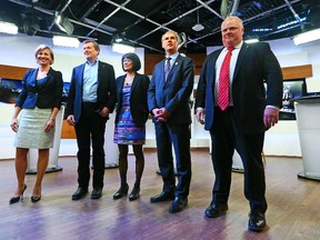 Karen Stintz, John Tory, Olivia Chow, David Soknacki and Mayor Rob Ford before the first televised debate at CITY-TV on March 26, 2014. (Dave Abel/Toronto Sun)