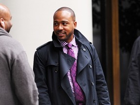 'Scandal' star Columbus Short spotted on set in downtown Los Angeles for the first time yesterday following an incident where the actor was accused of punching a fellow reveller in the head at Gabe's Bar and Grill in Los Angeles earlier this month. (Cousart/JFXimages/WENN.com)