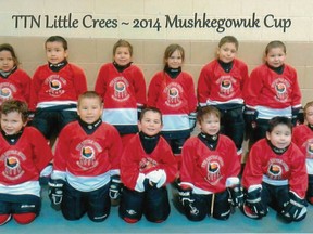 Enjoying their first time at the Mushkegowuk Cup, were Cochrane tyke team members: (back from left) Kaylee Buswa, McCabe Corston, Cohen Chokomolin, Jade Solomon, Riley Grom and Liam Kapashesit. (Front) Kayson Biederman, Tayson Sutherland-Iserhoff, Miguel Brunette, Khamdyn Ross, Brody Cheezo, and (behind) Nathan Scott.