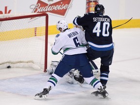 Devin Setoguchi won't be in the lineup for the Jets when the team takes on the San Jose Sharks Thursday night, due to a coach's decision. (Marianne Helm/Getty Images/AFP)