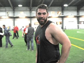 Laurent Duvernay-Tardif gets set to bench press for some NFL and CFL scouts Thursday in Montreal.
JOCELYN MALETTE / QMI Agency