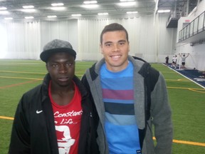 Vini Dantas, right, and Hamza Elias made their first appearance at training camp Thursday. Chris Hofley / Ottawa Sun.