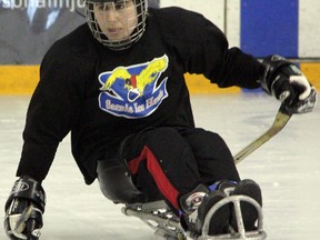 Tom Gabriel of the Sarnia Ice Hawks circles back into the offensive zone during practice on Thursday, March 27 at Germain Arena. Gabriel and his teammates will be heading to the Ontario Sledge Hockey Association championship in North Bay next weekend with an undefeated record of 8-0-1. (SHAUN BISSON, The Observer)