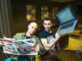 Hedley frontman Jacob Hoggard (right) and guitarist David Rosin pose take questions from Sun readers during an online chat at the Air Canada Centre in Toronto Thursday March 27, 2014. (Ernest Doroszuk/Toronto Sun)