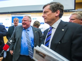 Mayor Rob Ford and John Tory after the mayoral debate hosted by the Ted Rogers School of Management at Ryerson University in Toronto Thursday March 27, 2014. Ernest Doroszuk/Toronto Sun/QMI Agency