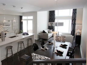 Urbandale’s Champlain II townhome model is very contemporary in design and decor. The livingroom is open to the second storey for plenty of drama.