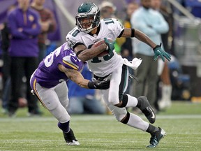 Philadelphia Eagles wide receiver DeSean Jackson (10) carries the ball during the fourth quarter against the Minnesota Vikings at Mall of America Field at H.H.H. Metrodome on Dec 15, 2013 in Minneapolis, MN, USA. (Brace Hemmelgarn/USA TODAY Sports)