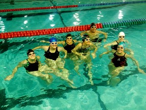 From Left to right: Alexander Bogusat, Kate MacIver, Sylvia Coma, Edie Fisher, Paul Bell, Riley Sleeman, and Jodie Milne. Of the 20 swims by the Kenora Swimming Sharks Masters, 17 were personal best times.