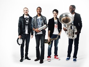 Jazz musician Jon Batiste, second from left, and his band Stay Human perform at the Grand Theatre on April 5. (Razor & Tie Publicity Services)