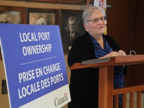 Sarnia-Lambton MP Pat Davidson speaks at a ceremony to mark the divestiture of the Sarnia Harbour to the city Friday, March 28, 2014. More than $8.5 million has handed over from the federal government to seal the deal. (BARBARA SIMPSON, The Observer)