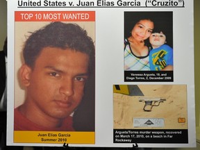 FBI photos showing Juan Elias Garcia, also known as "Cruzito", from El Salvador, who has been added to FBI’s Ten Most Wanted Fugitives, his victims and the weapon, March 26, 2014 in New York. (AFP PHOTO/Stan HONDA)