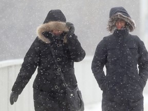 Winnipeggers walk during a winter storm that brought high winds and snow to Winnipeg on Feb. 11, 2014. (Chris Procaylo/QMI Agency)