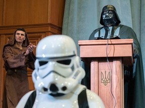 Activists from the Internet Party of Ukraine, dressed as Star Wars characters, hold a party congress in Kiev on March 29, 2014. (REUTERS/Alex Kuzmin)