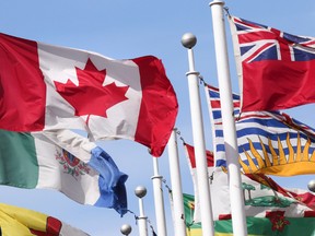 The Canadian national flag is seen next to the provincial flags in front of Toronto City Hall in this March 11, 2014 file photo. (Stan Behal/QMI Agency)