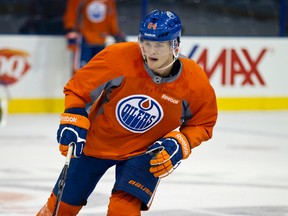 Defenceman Oscar Klefbom participates in a drill during Edmonton Oilers training camp at Rexall Place in Edmonton, Alta., on Sunday, Sept. 15, 2013. Ian Kucerak/Edmonton Sun/QMI Agency