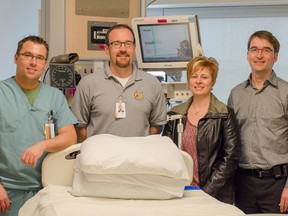 Supplied photo
Members of the Virtual Critical Care team (from left to right) at HSN Mike Lafontaine, RN; Steven MacNeil, RN; Renee Fillier, RN, co-ordinator, Virtual Critical Care Program, HSN; Dr. Derek Manchuk, medical director, Critical Care, HSN; critical care lead, NE LHIN.