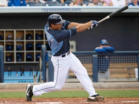 Rays catcher Mike Mahtook takes a swing during Spring Training. (USA TODAY SPORTS)