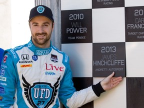 Canada's James Hinchcliffe had his name enshrined in the Firestone Grand Prix of St. Petersburg Wall of Champions on Sunday in recognition of his 2013 win at the temporary street course.  (Rob Foldy/Getty Images)