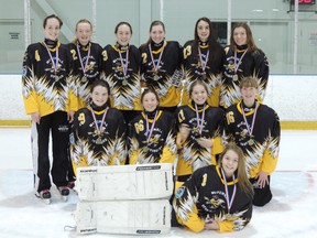 The Mitchell U16 ringette team won the Western Regional gold medal this past weekend, avenging an earlier defeat to Dorchester by downing the same team 7-3 in the final. Team members are (back row, left to right): Kristin Looby, Erica Roney, Mariah Looby, Jesse McCorkindale, Arly Mitchell, Karly Rock. Front row (left): Alyssa McCarthy, Courtney Paulen, Rachel McLaughlin, Kelly Ward. Lying in front is goalie Sara McLaughlin. SUBMITTED