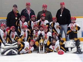 Mitchell’s Novice AE won their division title Saturday over BCH, 4-1, to win the best-of-five series in five games. Back row (left): Greg Van Bakel (head coach), Rob Boville (assistant coach), Cain Templeman (trainer), Joe Porter (assistant coach). Third row (left): James McCarthy, Daniel Ogilvie, Preston Porter, Brock Boville, Caleb Templeman. Second row (left): Evan O'Rourke, Vincent Voros, Xavier Lorentz, Jack Small, Jarrett Van Bakel, Josh French, Lucas Roobroeck. Front row (left): Andreas Harmer, Hayden Beuermann. SUBMITTED PHOTO