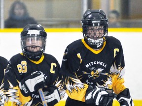 Erika Neubrand (left) and Ainsleigh Wedow of the Mitchell U12 Provincial Petite ringette team are the leading scorers for the Stingers, and hope to carry the squad to the provincial championship this weekend in Sault Ste. Marie. ANDY BADER/MITCHELL ADVOCATE