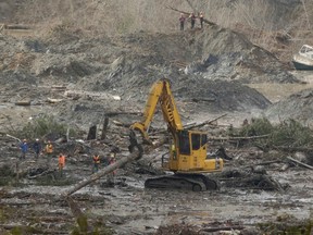 An excavator moves a tree trunk as search work continues in the mud and debris from a massive mudslide that struck Oso near Darrington, Washington March 30, 2014. REUTERS/Jason Redmond