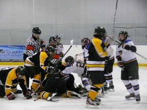 An Interlake bantam minor hockey playoff game in Stonewall got out of hand Sunday, March 30, between the Stonewall Blues and Lake Manitoba First Nation. A linesman was kicked and punched by players while he was laying on the ice while some spectators fought in the stands, said RCMP. (HANDOUT PHOTO)