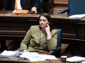 Erin Selby listens during question period at the Manitoba Legislature March 27, 2014. (Tom Brodbeck/Winnipeg Sun file photo)