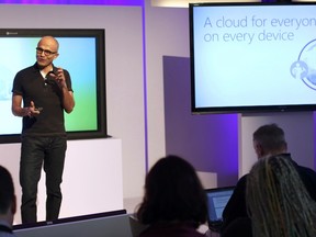 Microsoft CEO Satya Nadella speaks at a Microsoft event in San Francisco, March 27, 2014. Nadella introduced Microsoft Office for iPad and the Enterprise Mobility Suite, a set of cloud services.  REUTERS/Robert Galbraith